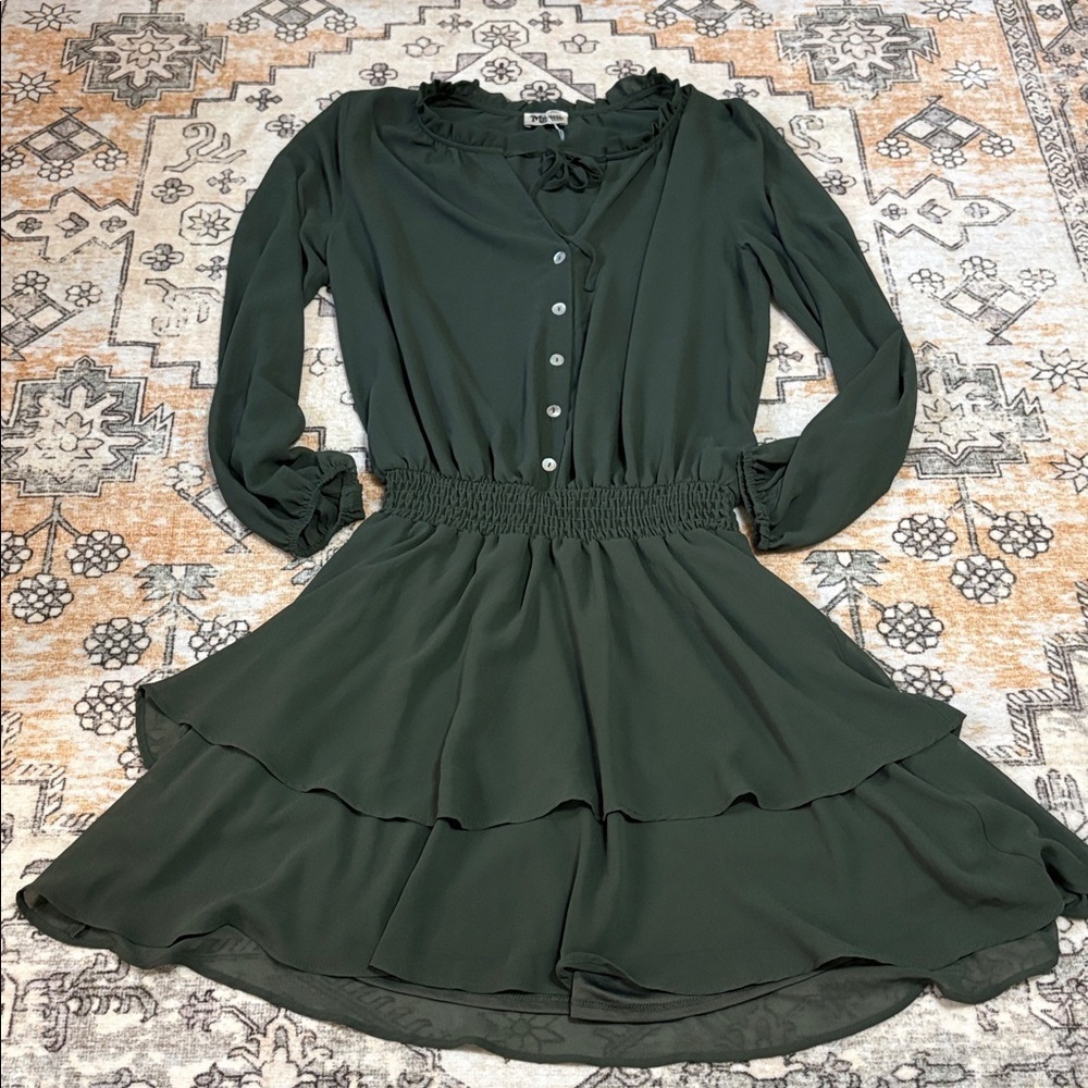 SHOW ME YOUR MUMU M olive green cinched waist dress mini dress w/ ruffle hem - Picture 3 of 12